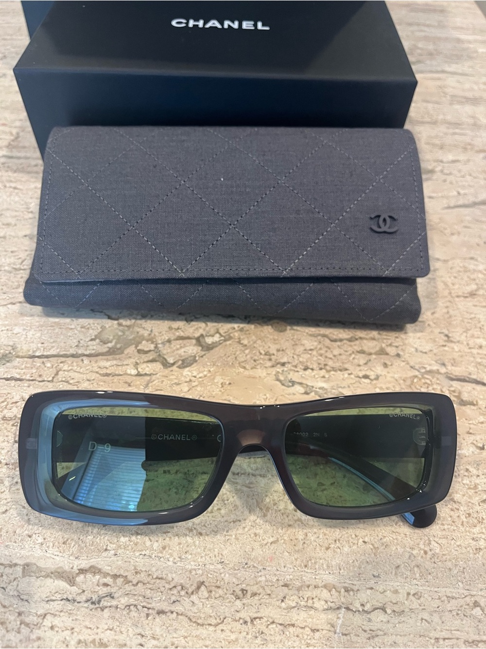 CHANEL Dark Gray Frame Sunglasses with Green Lenses